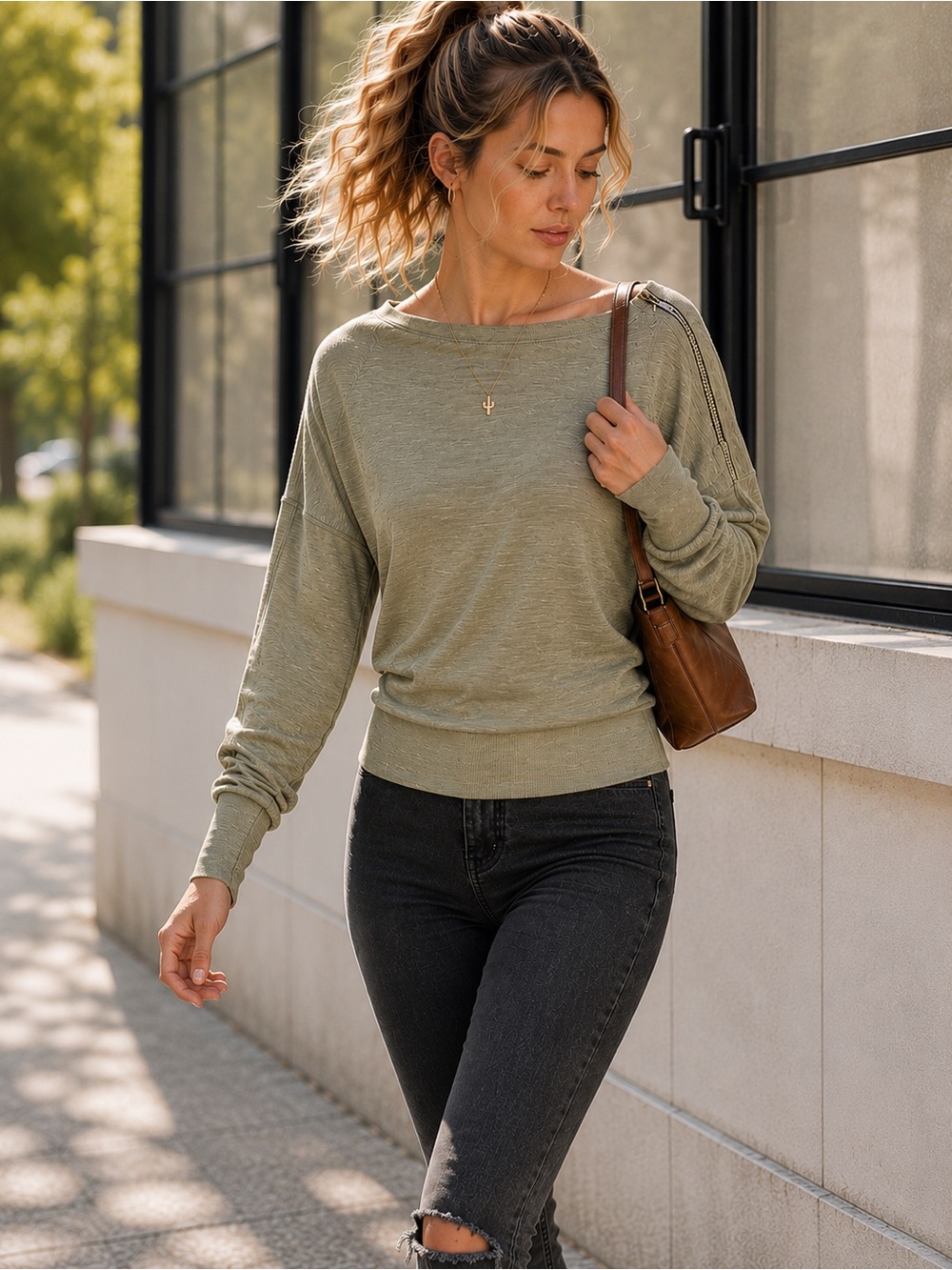 Free People Slouchy Long Sleeve Top Sage Green Off Shoulder Dolman Small - Picture 16 of 16